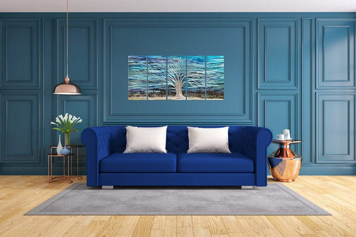 Blue Metal Wall Art Large Modern Artwork 3D Horizontal Sculpture with Bright Silver Tree on Aluminum Abstract Wall Decor 5 Panels Blue Accents for Living Room Bedroom Dining Room Office