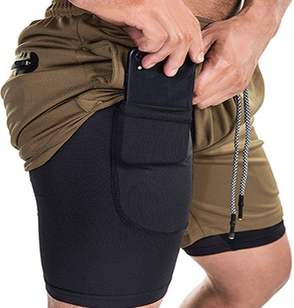 Men'S 2-In-1 Bodybuilding Workout Shorts Lightweight Gym Training Short Running Athletic Jogger with Zipper Pockets