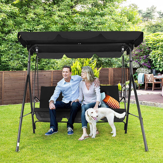 3-Seat Patio Swing Chair,Outdoor Porch Swing with Adjustable Canopy and Durable Steel Frame for Patio, Garden, Poolside (Black)