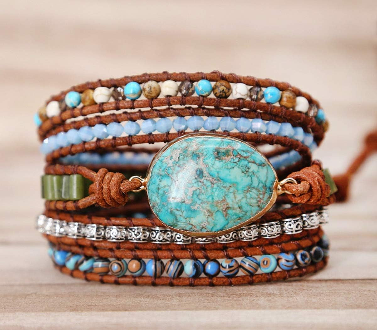 Boho Handmade Natural Stone Wrap Bracelets Turquoises Crystal Beads Bracelet Jewelry