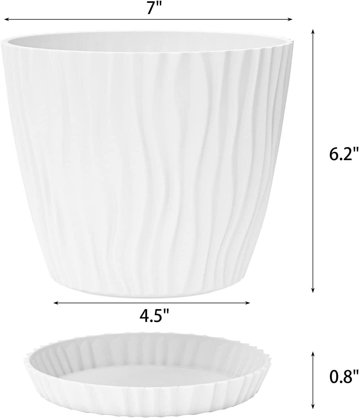 6 Pack Plant Pots, 7Inch White Plastic Flower Pots with Drainage Holes and Saucers, Large Planters for Indoor Plants Modern Decorative Planting Pots Outdoor