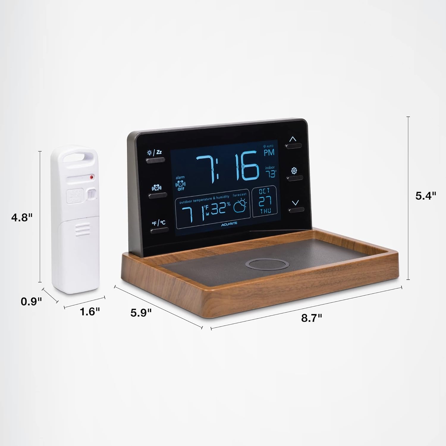 Weather Valet with Qi-Certified Wireless Charging Pad, Auto-Dimming LCD Screen, Alarm Clock, Hyperlocal Forecast, Outdoor Temperature and Humidity Measurements, and Indoor Temperature Reading (02047)