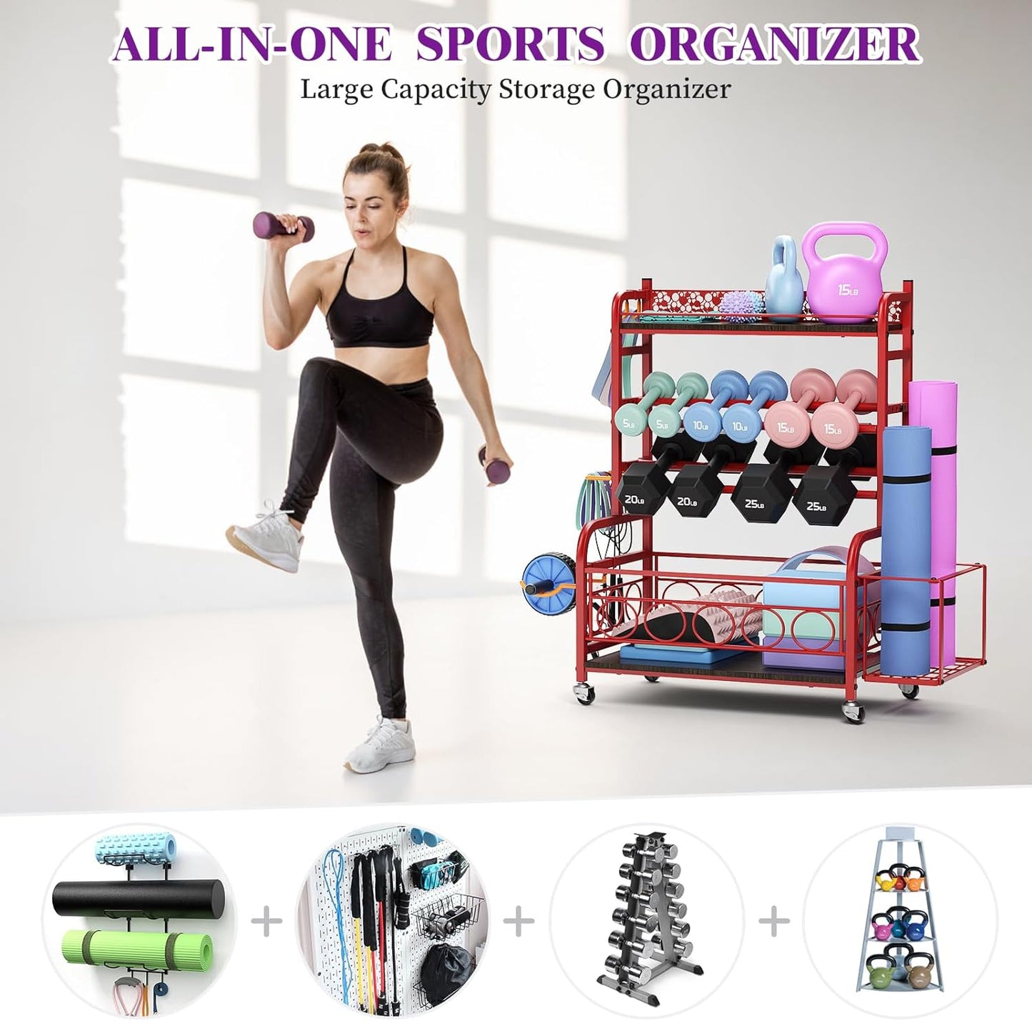 Weight Rack for Dumbbells, Dumbbell Rack Weight Stand,  Home Gym Storage Rack for Yoga Mat Kettlebells and Strength Training Equipment, Weight Storage Holder Rack for Dumbbells with Wheels