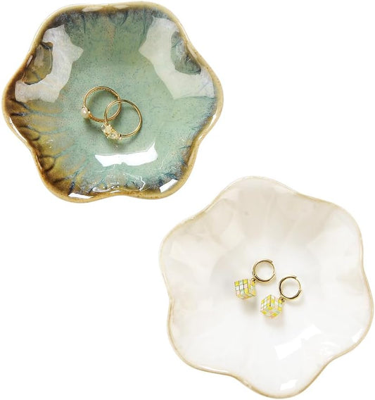 2PCS Lotus Leaf Shape Ring Holder Dish, Small Key Bowl, Ceramic Trinket Tray Jewelry Dish Organizing Necklace Earrings for Mom Friend Sister, All Jewelries Are NOT Included.White+Crystal Green.