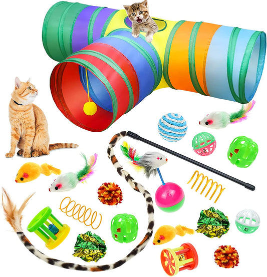 Interactive Cat Tunnel Toys Set with Feather Toy, Crinkle Balls, and 3-Way Tube - Great for Kittens and Cats